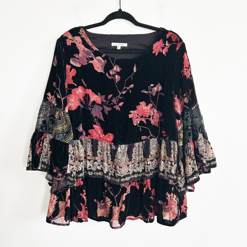 John Mark Blouse Black Floral Velvet Burnout Ruffle Bell Sleeve Tunic